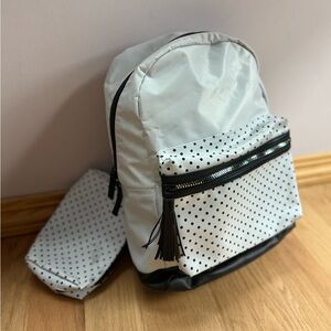 Polka Dot Midi Girls summer Backpack With Matching Wristlet, 16x11x5,white/black